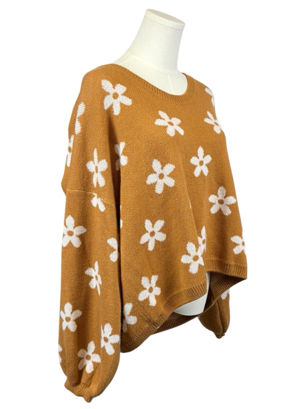Altar'd State Brown White Daisy Floral V-Neck Balloon Sleeve Sweater Women's Med - Picture 2 of 6